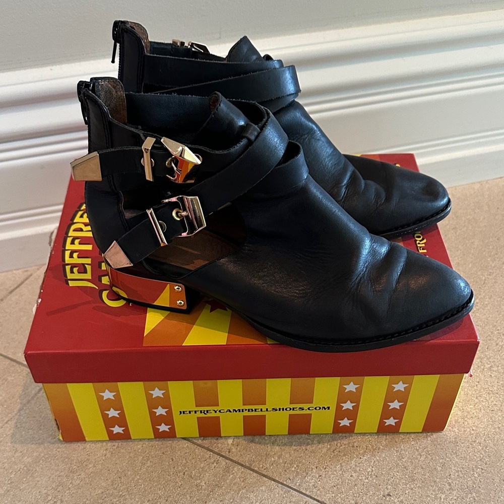 Jeffrey Campbell Black Ankle Boots with Silver Buckles